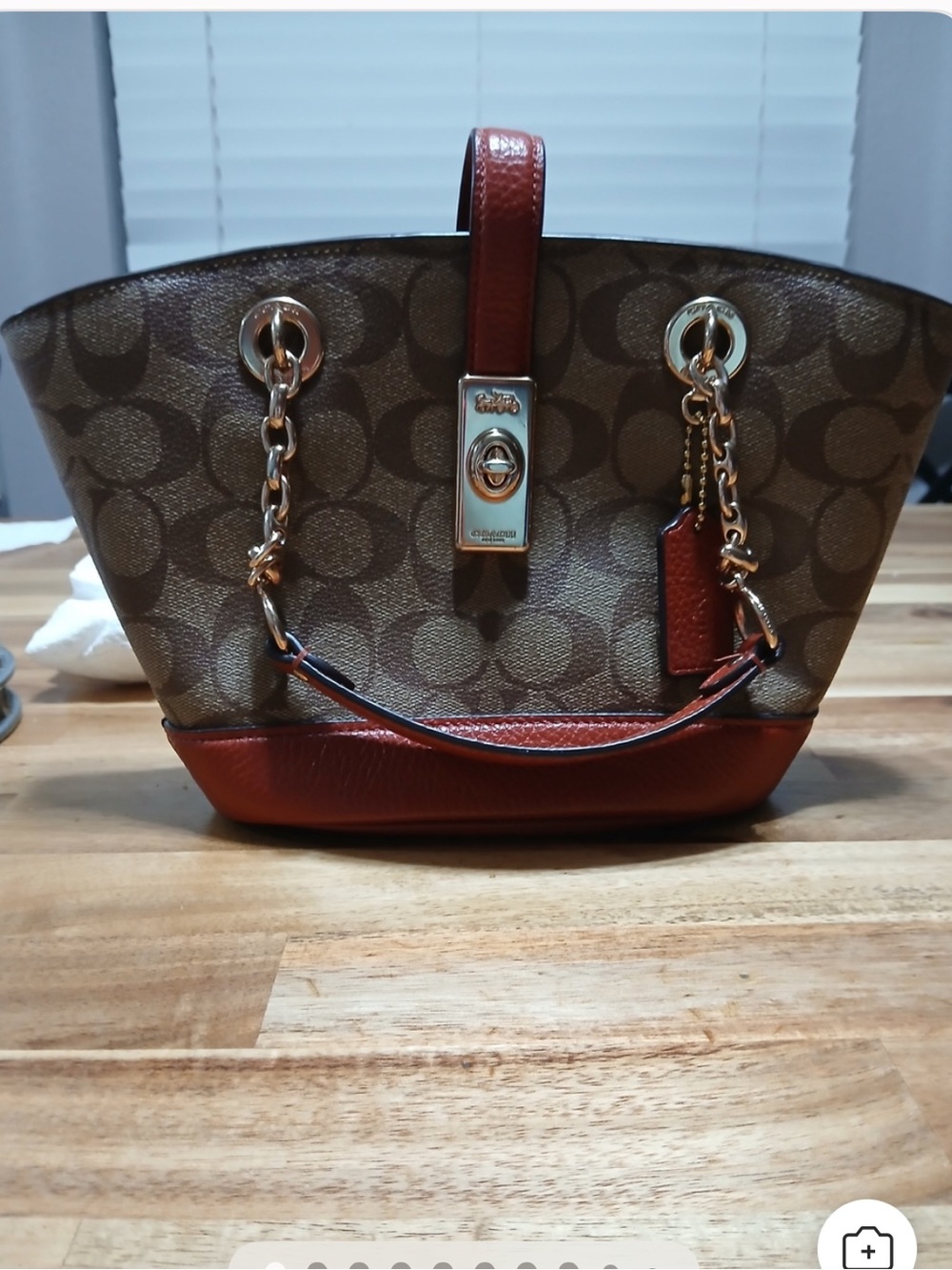 Coach Brown Signature Canvas Tote with Red-Brown Leather Trim